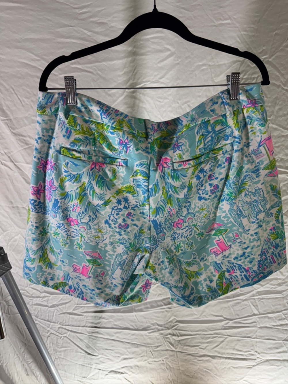 Tropical Print Women’s Shorts in Aqua with Pink & Green Accents - Picture 3 of 4